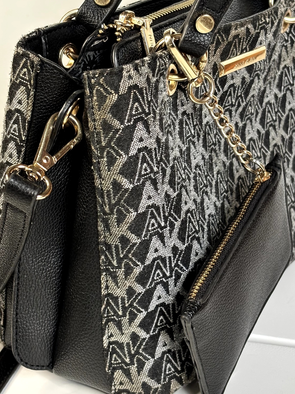 Anne Klein Black and Gray Logo Shoulder Tote with Detachable Zip Pouch - Picture 4 of 6